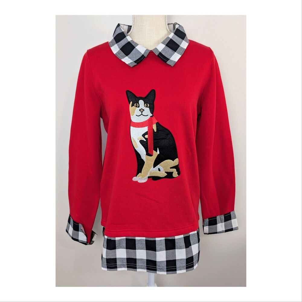 Country Store Womens Sweatshirt Small Embroidered Cat Layered Buffalo Plaid NWOT